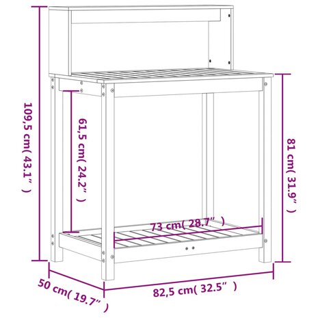 Oppottafel met schappen 82,5x50x109,5 cm massief grenenhout 10