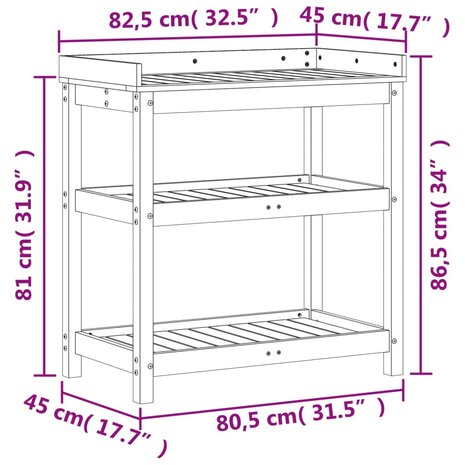 Oppottafel met schappen 82,5x45x86,5 cm massief grenenhout wit 10