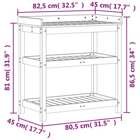 Oppottafel met schappen 82,5x45x86,5 cm grenenhout bruin 10