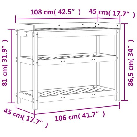 Oppottafel met schappen 108x45x86,5 cm grenenhout bruin 10