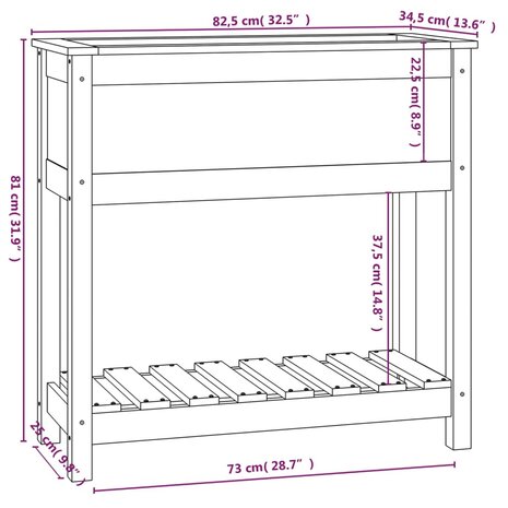 Plantenbak met schap 82,5x34,5x81 cm massief grenenhout grijs 8