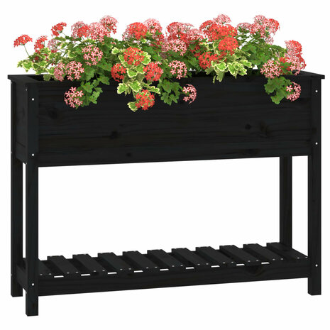 Plantenbak met schap 111,5x34,5x81 cm massief grenenhout zwart 4