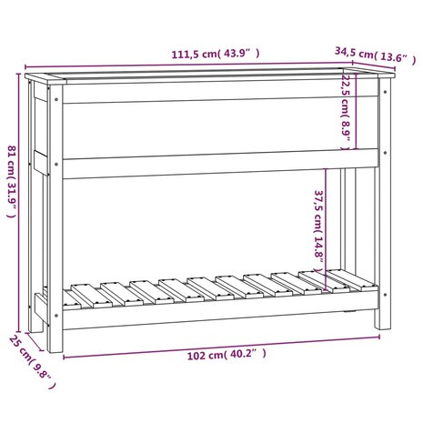 Plantenbak met schap 111,5x34,5x81 cm massief grenenhout zwart 8