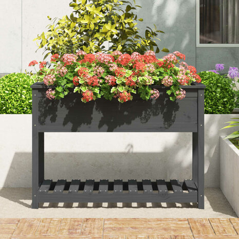 Plantenbak met schap 111,5x54x81 cm massief grenenhout grijs 3