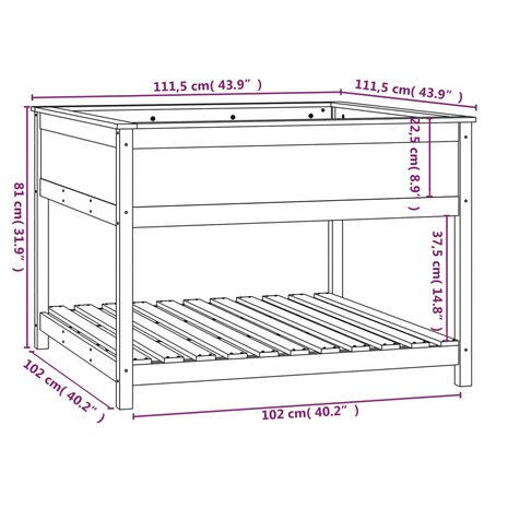 Plantenbak met schap 111,5x111,5x81 cm massief grenenhout wit 8