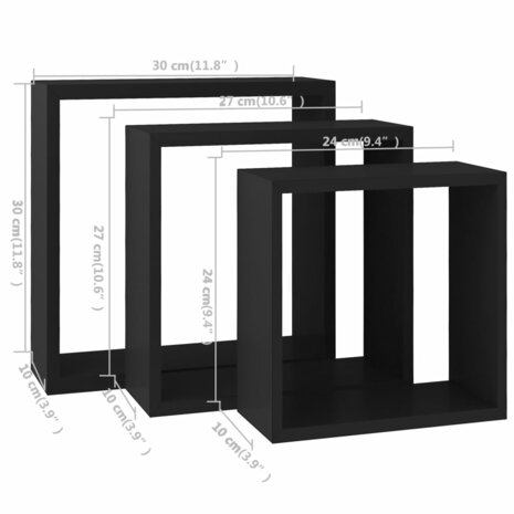 Wandschappen kubus 3 st MDF zwart 11