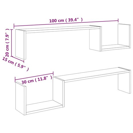 Wandschappen 2 st 100x15x20 cm bewerkt hout betongrijs 8