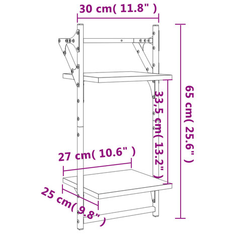 Wandschappen 2-laags met stangen 2 st 30x25x65 cm zwart 9