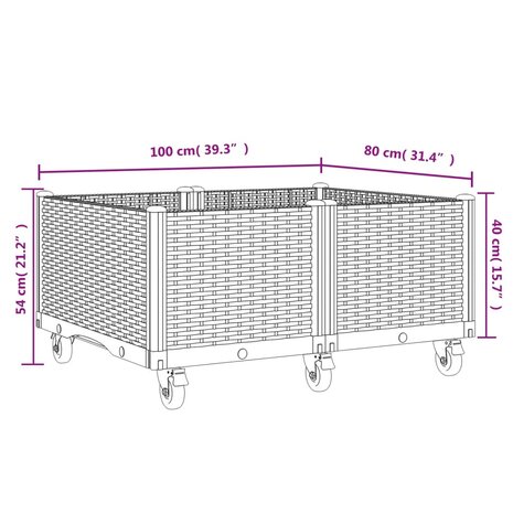 Plantenbak met wielen 100x80x54 cm polypropeen wit 7