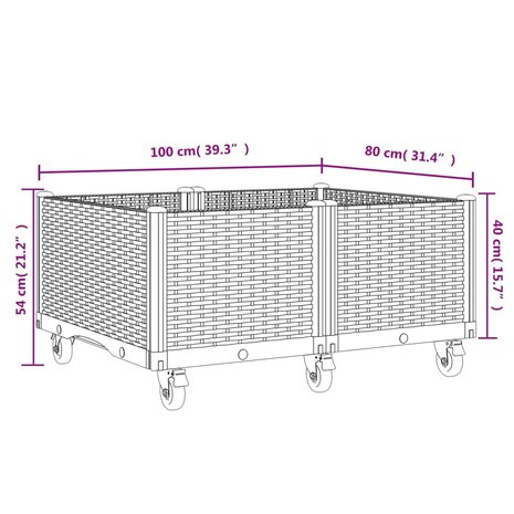 Plantenbak met wielen 100x80x54 cm polypropeen bruin 7