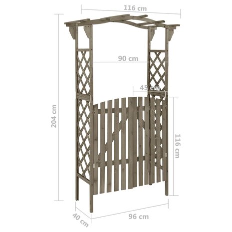 Pergola met poort 116x40x204 cm massief vurenhout grijs 6