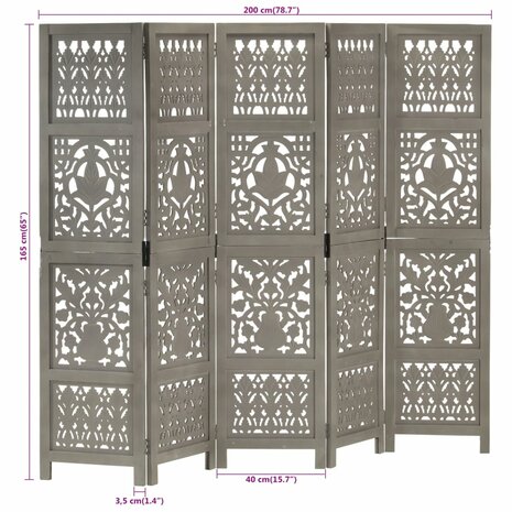 Kamerscherm 5 panelen handgesneden 200x165 cm mangohout grijs 6