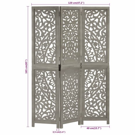 Kamerscherm 3 panelen handgesneden 120x165 cm mangohout grijs 7