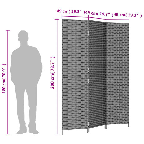 Kamerscherm 3 panelen poly rattan bruin 9