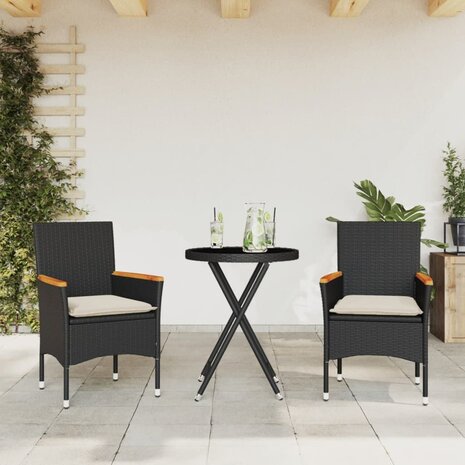 3-delige Bistroset met kussens poly rattan en glas zwart 1