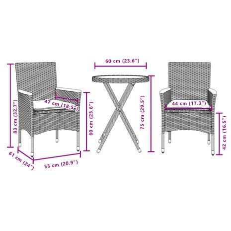 3-delige Bistroset met kussens poly rattan en glas zwart 7