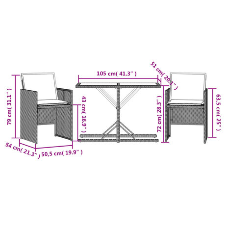 3-delige Bistroset met kussens poly rattan zwart 11