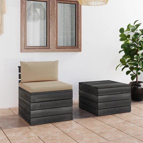 2-delige Loungeset met kussens pallet massief grenenhout 1