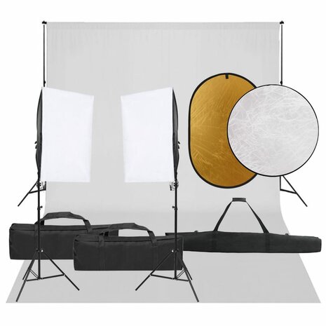 Fotostudioset met verlichtingsset, achtergrond en reflector 1