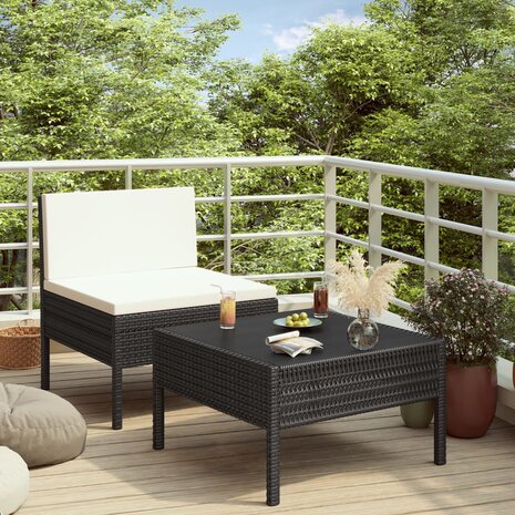 2-delige Loungeset met kussens poly rattan zwart 1