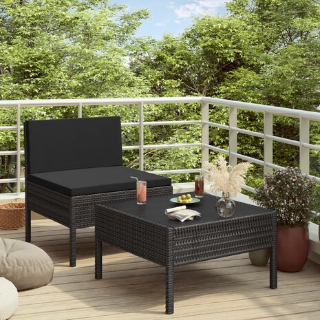 2-delige Loungeset met kussens poly rattan zwart 1