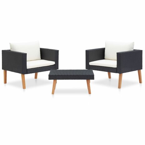 3-delige Loungeset met kussens poly rattan zwart 1