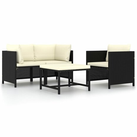 4-delige Loungeset met kussens poly rattan zwart 1