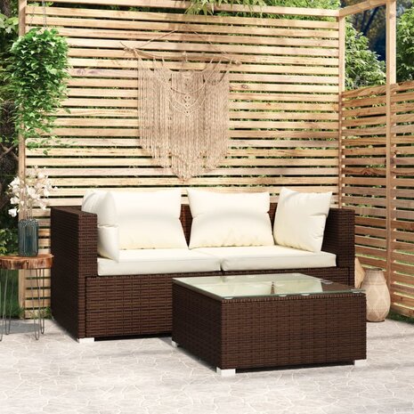 3-delige Loungeset met kussens poly rattan bruin 1