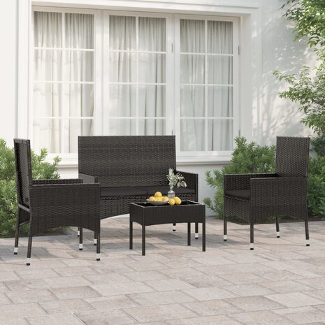 4-delige Loungeset met kussens poly rattan zwart 1