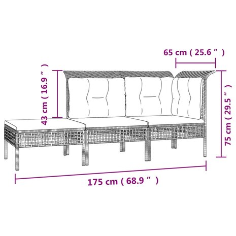 3-delige Loungeset met kussens poly rattan grijs 8