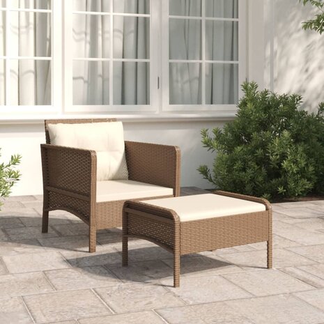 2-delige Loungeset met kussens poly rattan bruin 1