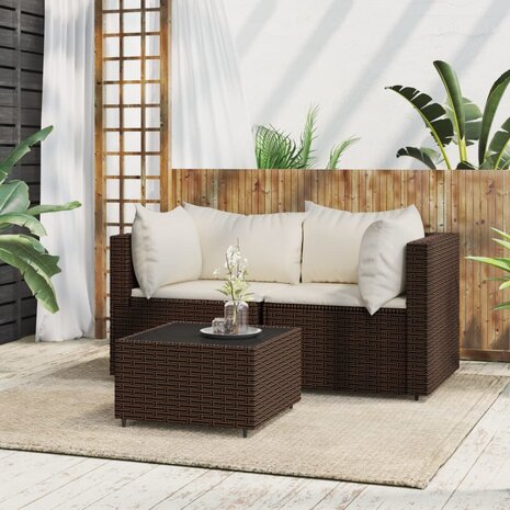 3-delige Loungeset met kussens poly rattan bruin 1