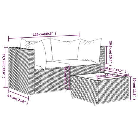 3-delige Loungeset met kussens poly rattan bruin 11