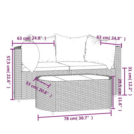 3-delige Loungeset met kussens poly rattan zwart 11