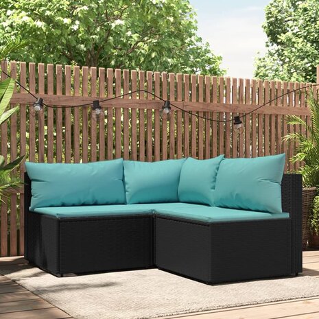 3-delige Loungeset met kussens poly rattan zwart 1