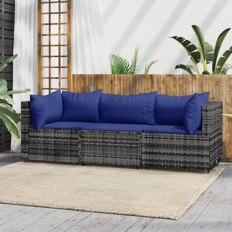 3-delige Loungeset met kussens poly rattan grijs 1