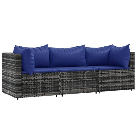 3-delige Loungeset met kussens poly rattan grijs 2