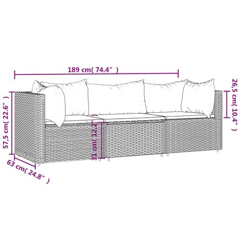 3-delige Loungeset met kussens poly rattan grijs 9