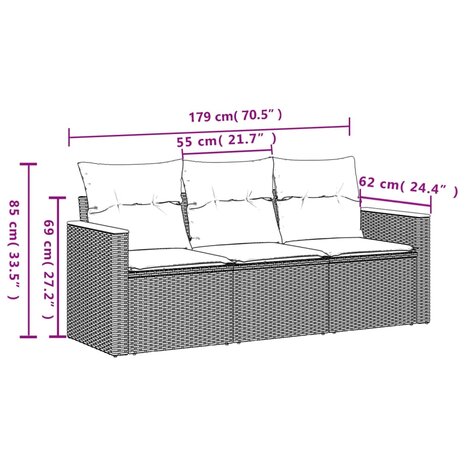 3-delige Loungeset met kussens poly rattan zwart 6