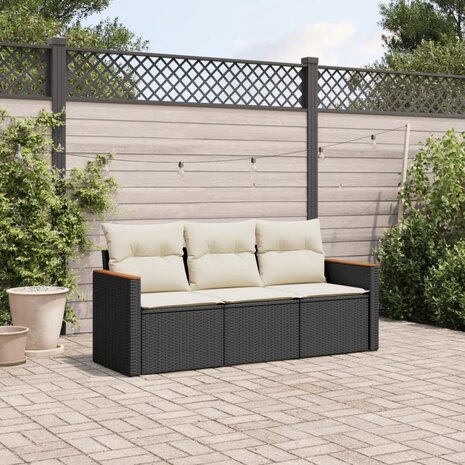 3-delige Loungeset met kussens poly rattan zwart 1