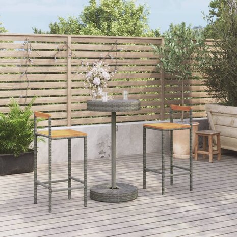 3-delige Tuinbarset poly rattan en massief acaciahout grijs 1