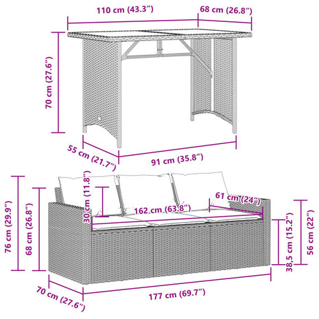 2-delige Tuinset met kussens poly rattan grijs 11