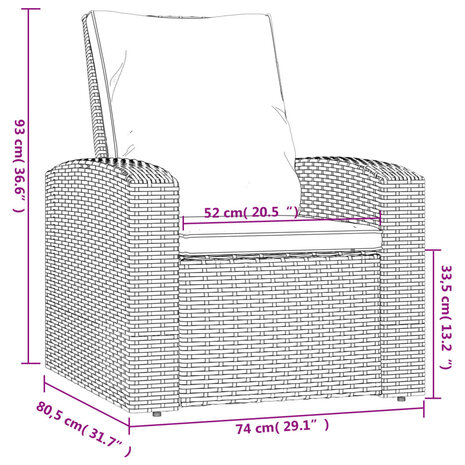 Tuinstoel verstelbaar met kussens poly rattan grijs 10