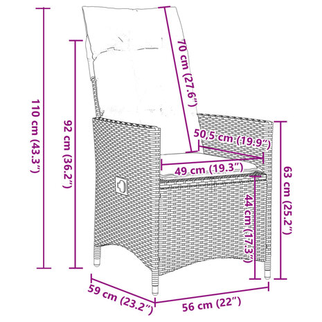 Tuinstoel verstelbaar met kussens poly rattan beige 11