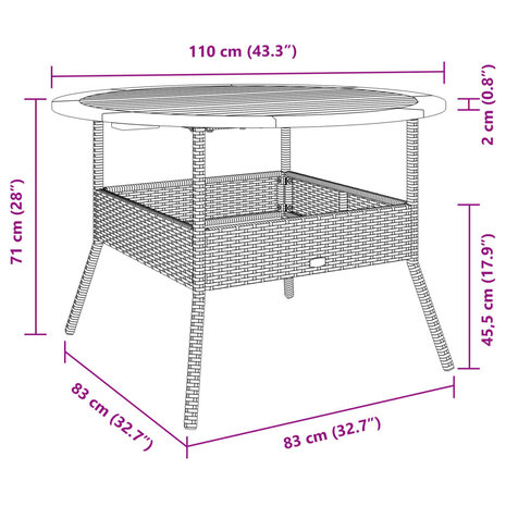 Tuintafel met acaciahouten blad Ø110x71 cm poly rattan grijs 10