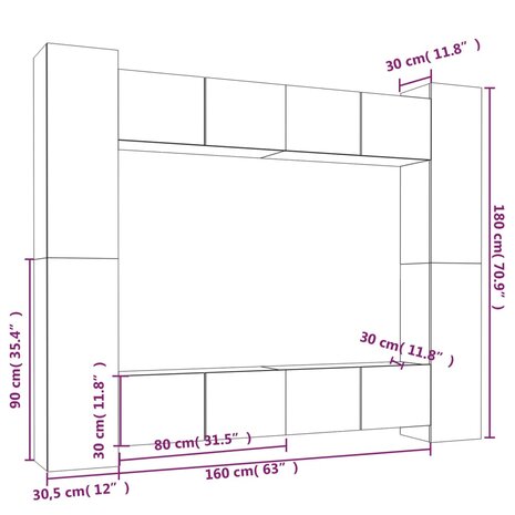 8-delige Tv-meubelset bewerkt hout bruin eikenkleur 11