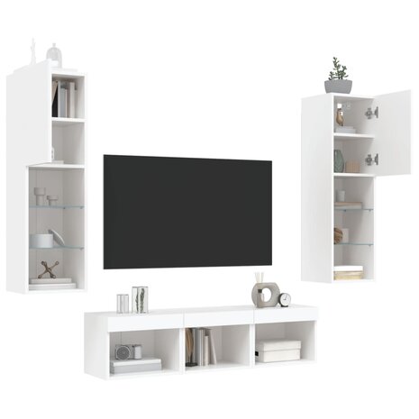 5-delige Tv-wandmeubelset met LED-verlichting bewerkt hout wit 4