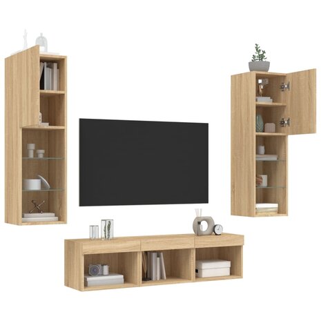 5-delige Tv-wandmeubelset met LED bewerkt hout sonoma eiken 4