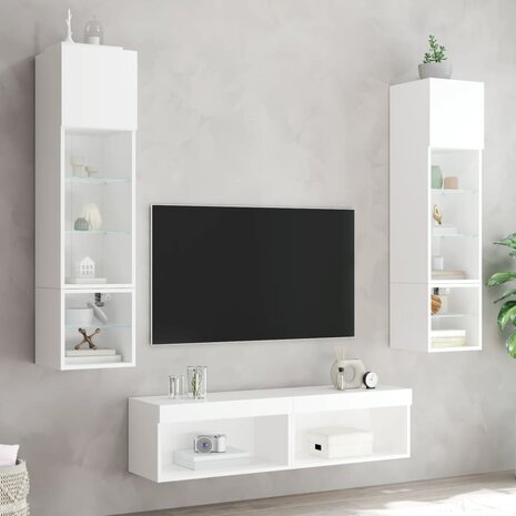 6-delige Tv-wandmeubelset met LED-verlichting bewerkt hout wit 3