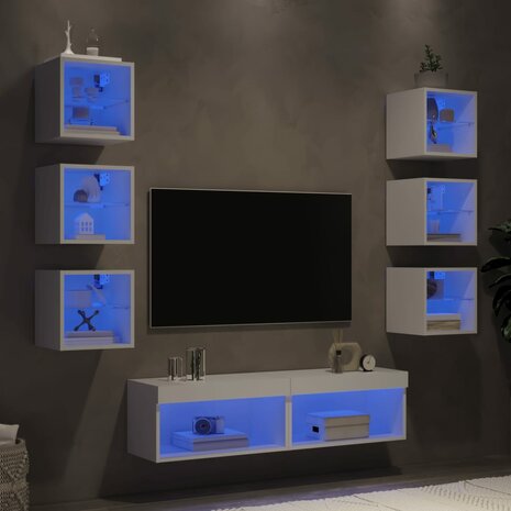 8-delige Tv-wandmeubelset met LED-verlichting bewerkt hout wit 1